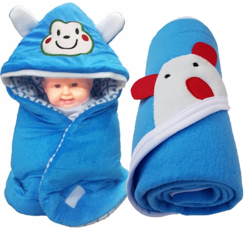 BRANDONN Newborn Combo of Shearing Velvet and Fleece Hooded Baby Blanket (Pack of 2, Blue) - Image 1