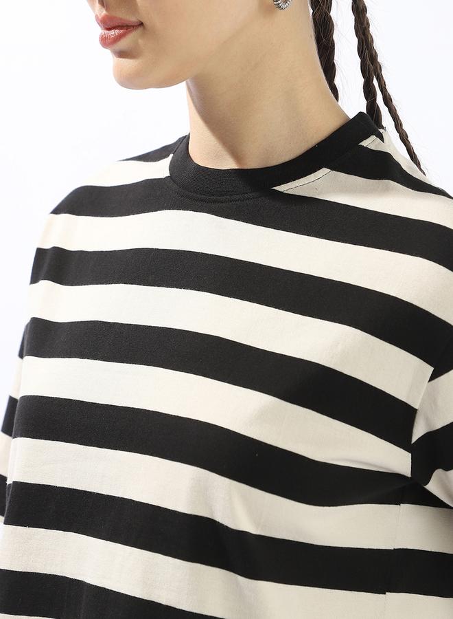 HIGH STAR Women's Black 100% Cotton Striped Boxy Fit T-Shirt - Image 5
