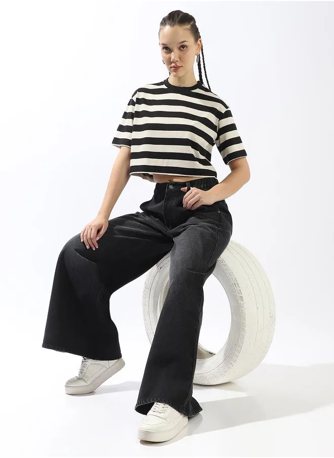 HIGH STAR Women's Black 100% Cotton Striped Boxy Fit T-Shirt