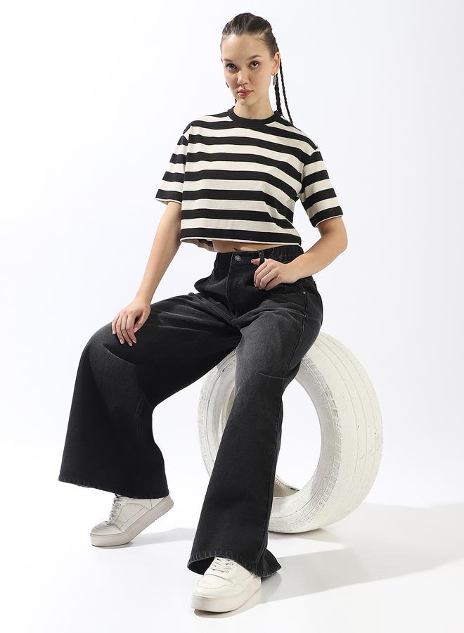 HIGH STAR Women's Black 100% Cotton Striped Boxy Fit T-Shirt - Image 2