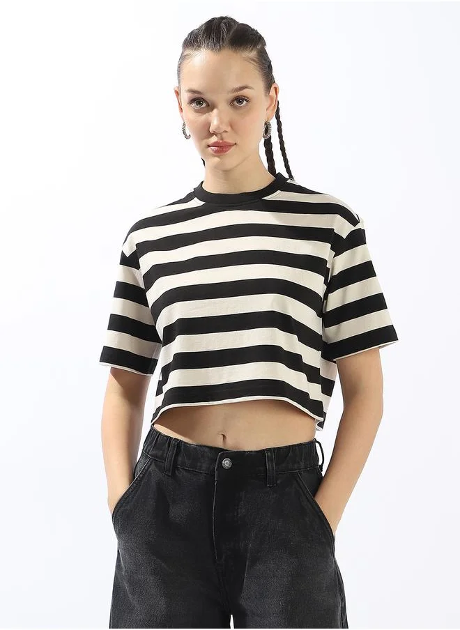 HIGH STAR Women's Black 100% Cotton Striped Boxy Fit T-Shirt