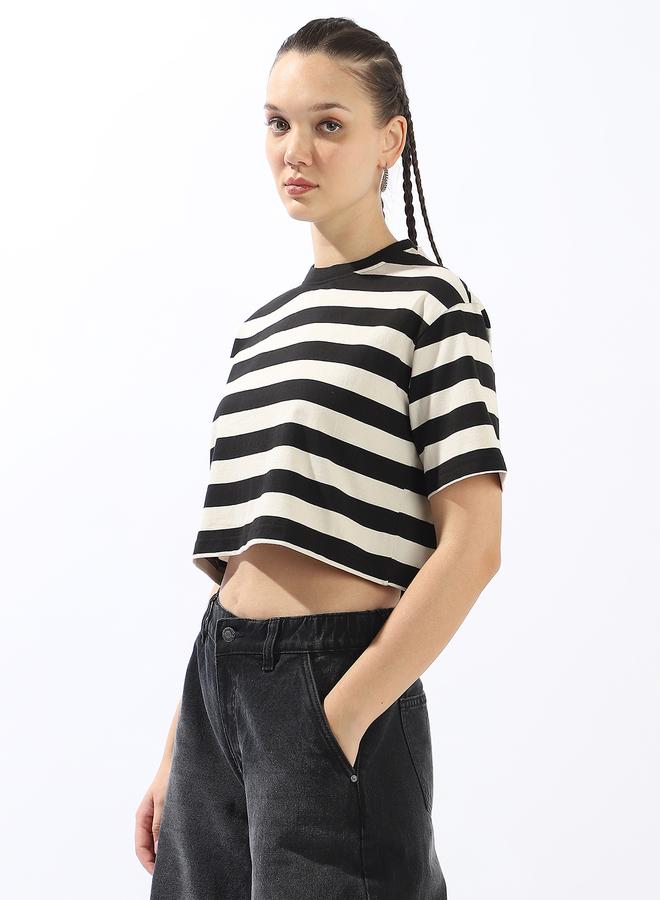 HIGH STAR Women's Black 100% Cotton Striped Boxy Fit T-Shirt - Image 3