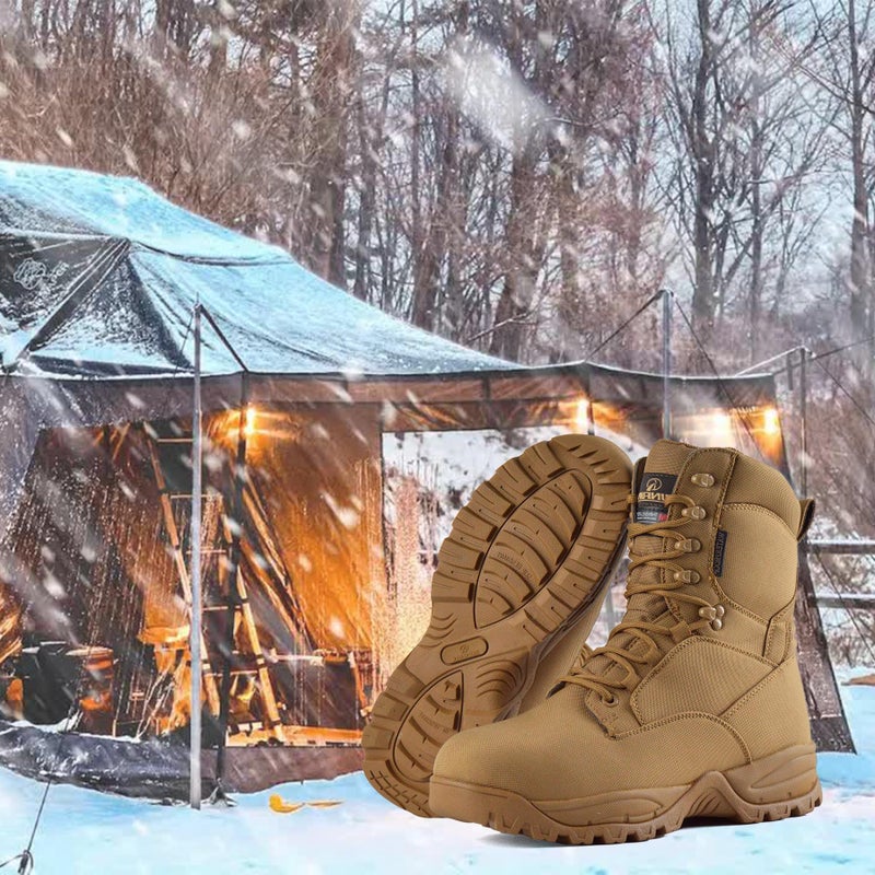 R RUNFUN Men's Waterproof Military Tactical Boots Lightweight Work Boot Insulated Hunting Boots, 8 Inches Lace-up Outdoor Boots, 400g Thinsulate(RF2301Brown,Size9.5) - Image 3