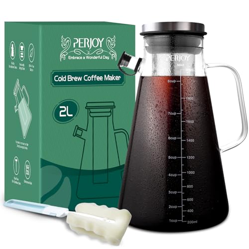 PERJOY Perjoy Cold Brew Coffee Maker 64oz2qt Glass Iced Coffee Maker with Super Dense Stainless Steel Filter  Lid Airtight Cold Brew Pitcher for CoffeeIce TeaFruit DrinksLemonade 