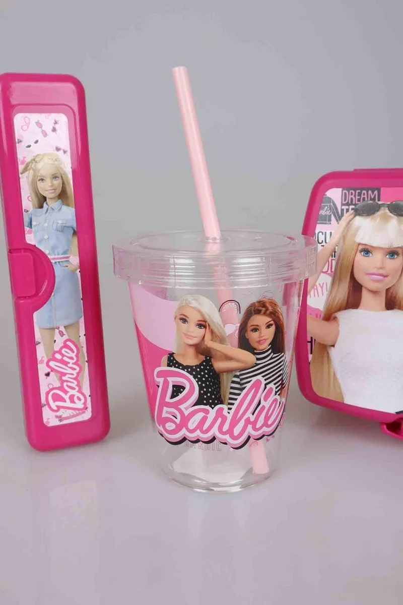 باربي Licensed Meal Set Lunch Box, Toothbrush Box and 3 Pieces of Glass with Straw