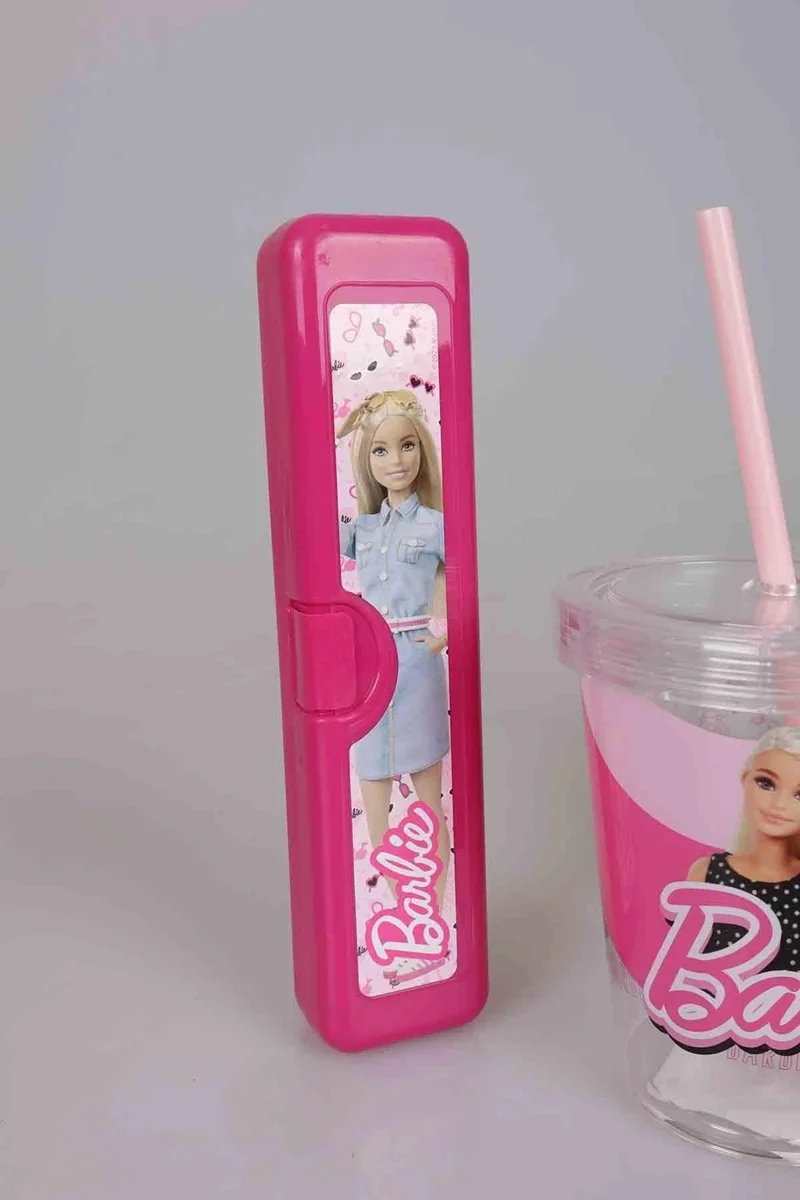 باربي Licensed Meal Set Lunch Box, Toothbrush Box and 3 Pieces of Glass with Straw