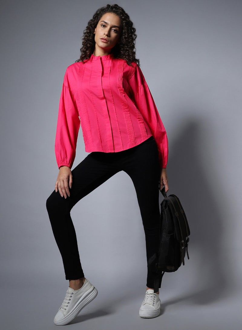 HIGH STAR Boxy Pink Peacock Shirt for Women, Puff Sleeves and Casual Chic  - Image 1