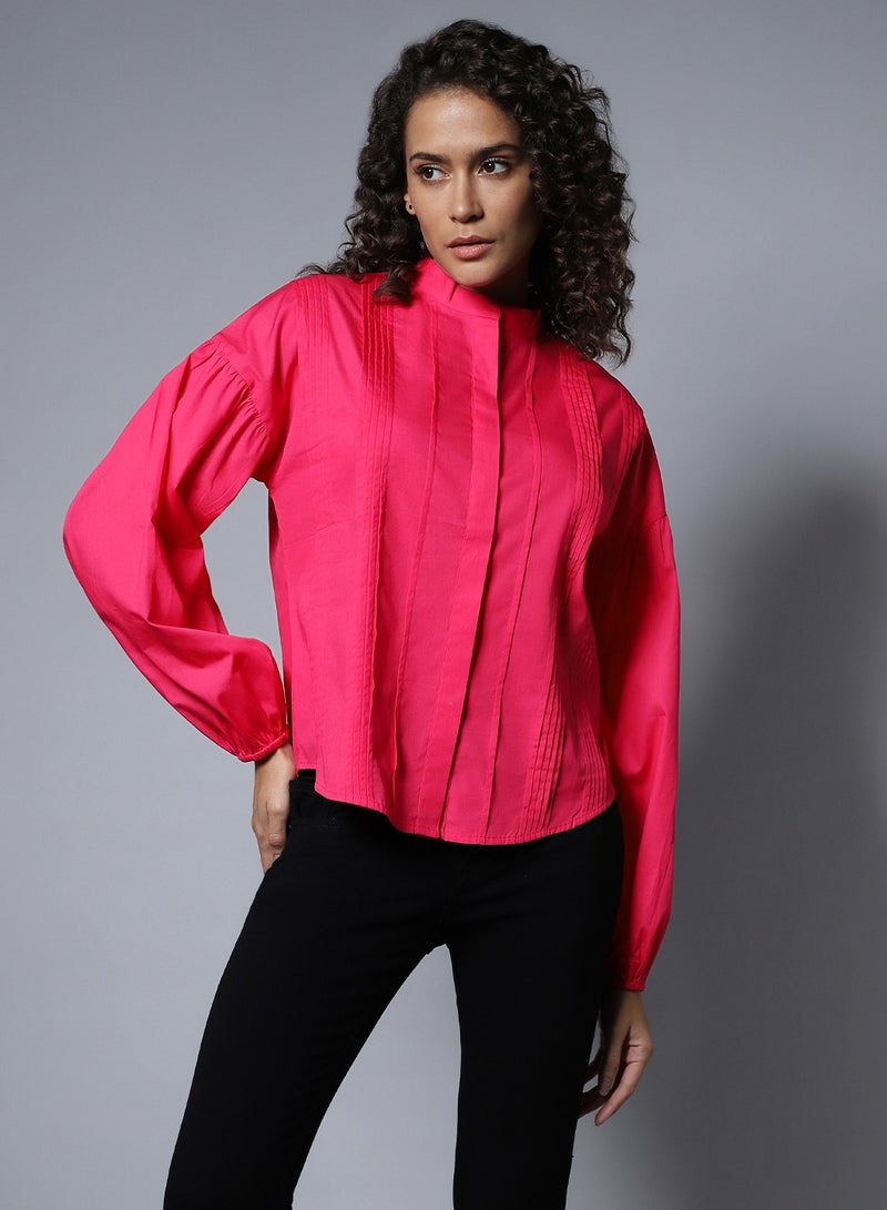 HIGH STAR Boxy Pink Peacock Shirt for Women, Puff Sleeves and Casual Chic  - Image 2