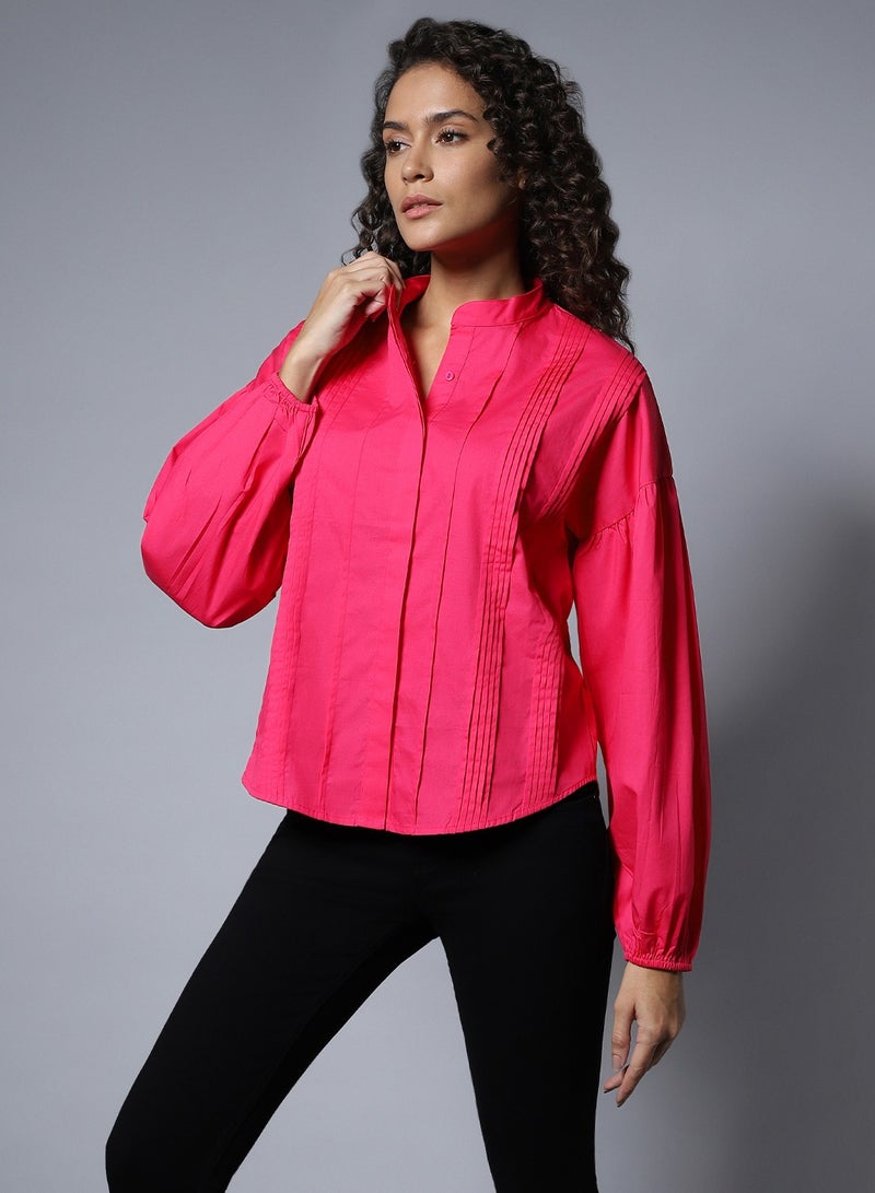 HIGH STAR Boxy Pink Peacock Shirt for Women, Puff Sleeves and Casual Chic  - Image 3