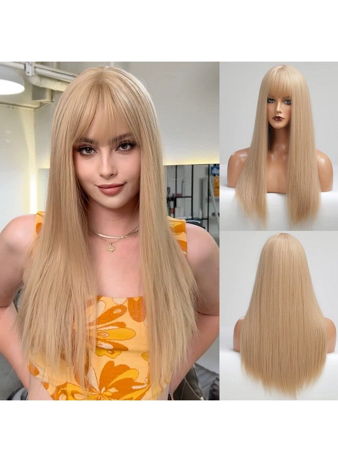EMMOR Light Blonde Wig With Bangs For Women Long Straight Wigs Barbie Wig Synthetic For Girl Cosplay And Daily Use(26" Light Blonde) - Image 2