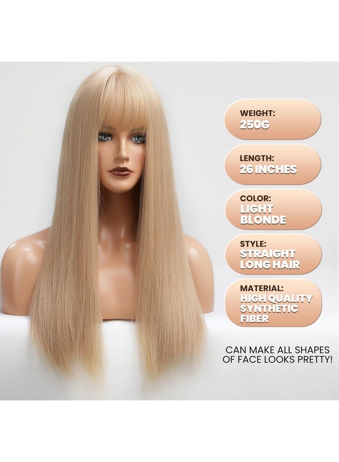 EMMOR Light Blonde Wig With Bangs For Women Long Straight Wigs Barbie Wig Synthetic For Girl Cosplay And Daily Use(26" Light Blonde) - Image 4