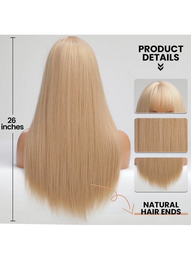 EMMOR Light Blonde Wig With Bangs For Women Long Straight Wigs Barbie Wig Synthetic For Girl Cosplay And Daily Use(26" Light Blonde) - Image 5