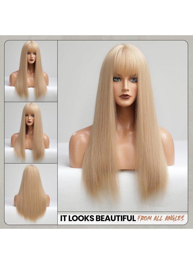 EMMOR Light Blonde Wig With Bangs For Women Long Straight Wigs Barbie Wig Synthetic For Girl Cosplay And Daily Use(26" Light Blonde) - Image 3
