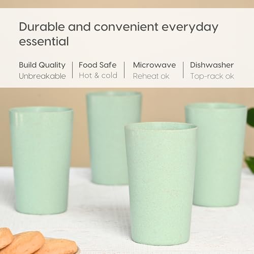 Eha Earth-Friendly Unbreakable Drinking Glass Set of 4 for Water and Juice | 250 ml Each | Tumblers Made with Rice Husk & Bamboo Fibers | Microwave Safe | for Hot & Cold | Celeste| Green - Image 4