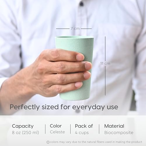 Eha Earth-Friendly Unbreakable Drinking Glass Set of 4 for Water and Juice | 250 ml Each | Tumblers Made with Rice Husk & Bamboo Fibers | Microwave Safe | for Hot & Cold | Celeste| Green - Image 2