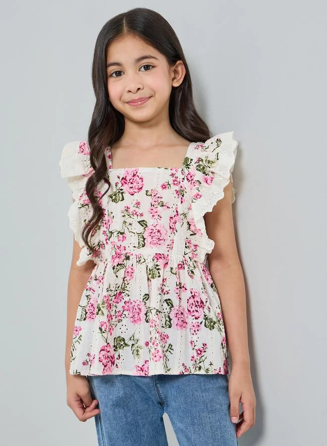 Styli Girls Floral Print Ruffle Sleeve Top