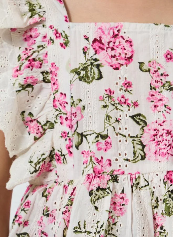 Styli Girls Floral Print Ruffle Sleeve Top