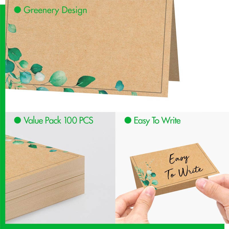 Gethelud 100 PCS Kraft Place Cards, Small Tent Cards with Green Plant Design Delicate Seating Cards Blank Name Cards Escort Cards for Wedding, Table, Dinner Parties, Receptions (2â€ x 3.5â€, Greenery Design) - Image 3