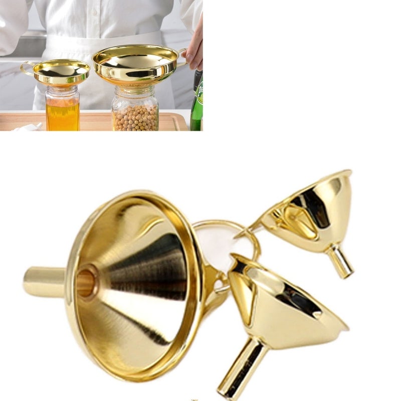 Stainless Steel Funnel Set: 3-Piece Gold Curved Body Funnel With Narrow Valve Rod - Side Handle Durable Funnel For Small Bottle Filling, Kitchen Canning, Liquid Transfer - Image 4