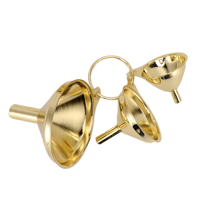 Stainless Steel Funnel Set: 3-Piece Gold Curved Body Funnel With Narrow Valve Rod - Side Handle Durable Funnel For Small Bottle Filling, Kitchen Canning, Liquid Transfer - Image 1