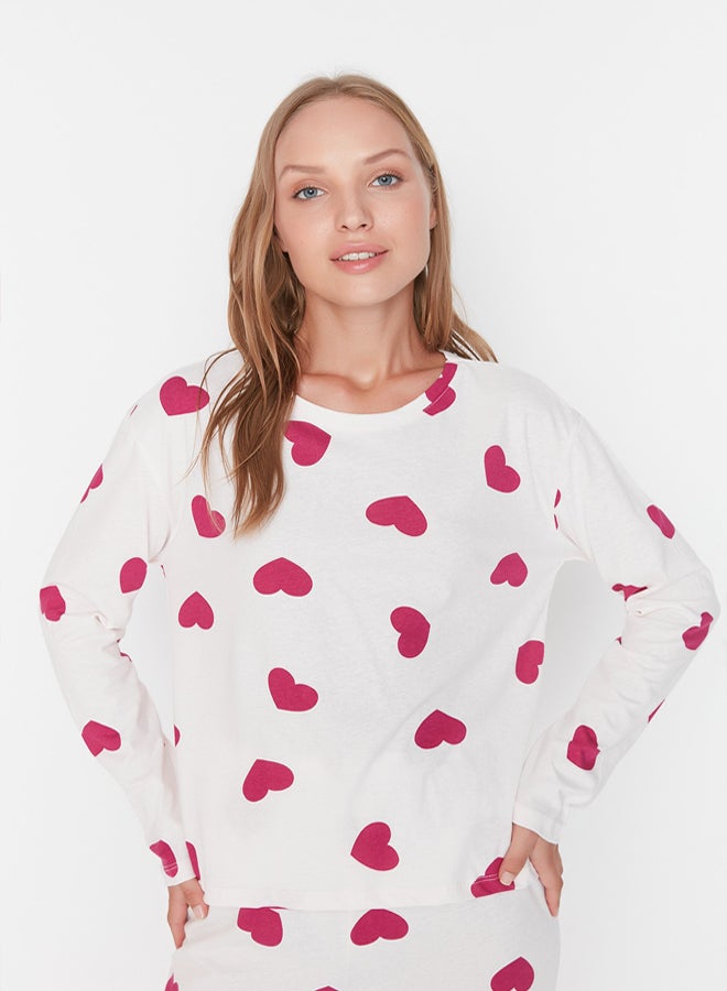 trendyol Ecru 100% Cotton Heart Knitted Pajama Set  - Image 2