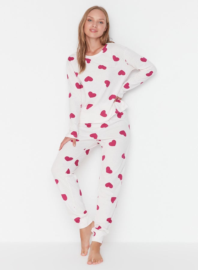 trendyol Ecru 100% Cotton Heart Knitted Pajama Set  - Image 1