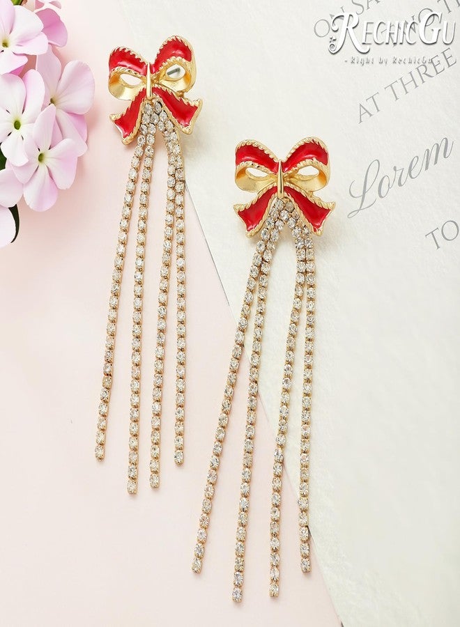 RechicGu Long Tassel Bow Earrings for Women Cute Bowknot with Sparkly Rhinestone Tassels Drop Dangle Earrings Bow Statement Stud Wedding Christmas Party Daily Jewelry Accessory Gifts Golden Red - Image 3