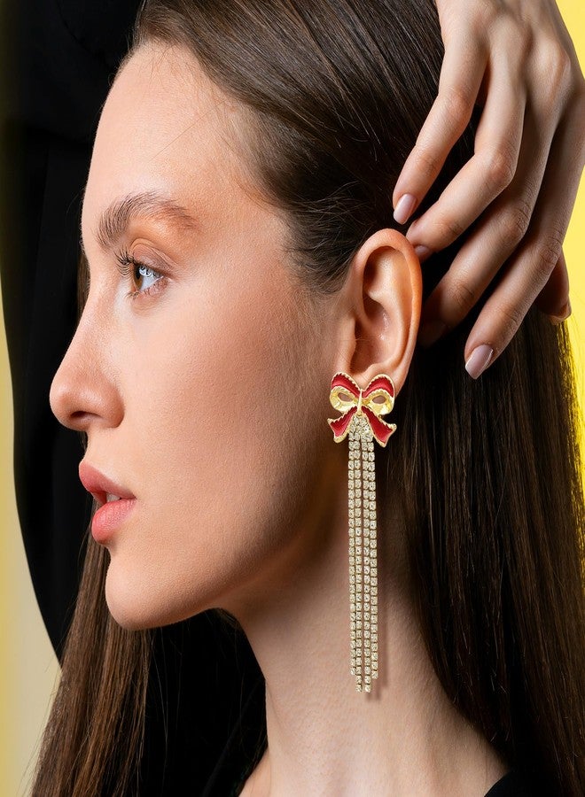 RechicGu Long Tassel Bow Earrings for Women Cute Bowknot with Sparkly Rhinestone Tassels Drop Dangle Earrings Bow Statement Stud Wedding Christmas Party Daily Jewelry Accessory Gifts Golden Red - Image 5
