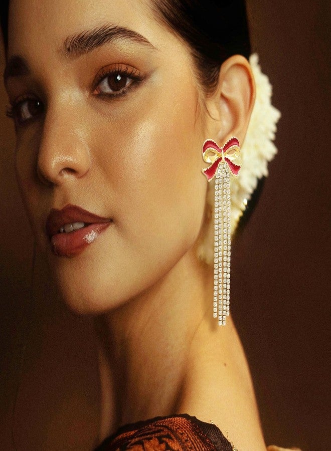 RechicGu Long Tassel Bow Earrings for Women Cute Bowknot with Sparkly Rhinestone Tassels Drop Dangle Earrings Bow Statement Stud Wedding Christmas Party Daily Jewelry Accessory Gifts Golden Red - Image 2