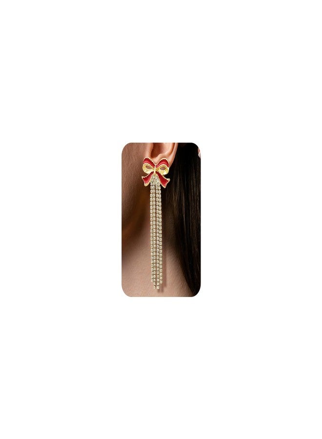 RechicGu Long Tassel Bow Earrings for Women Cute Bowknot with Sparkly Rhinestone Tassels Drop Dangle Earrings Bow Statement Stud Wedding Christmas Party Daily Jewelry Accessory Gifts Golden Red - Image 1
