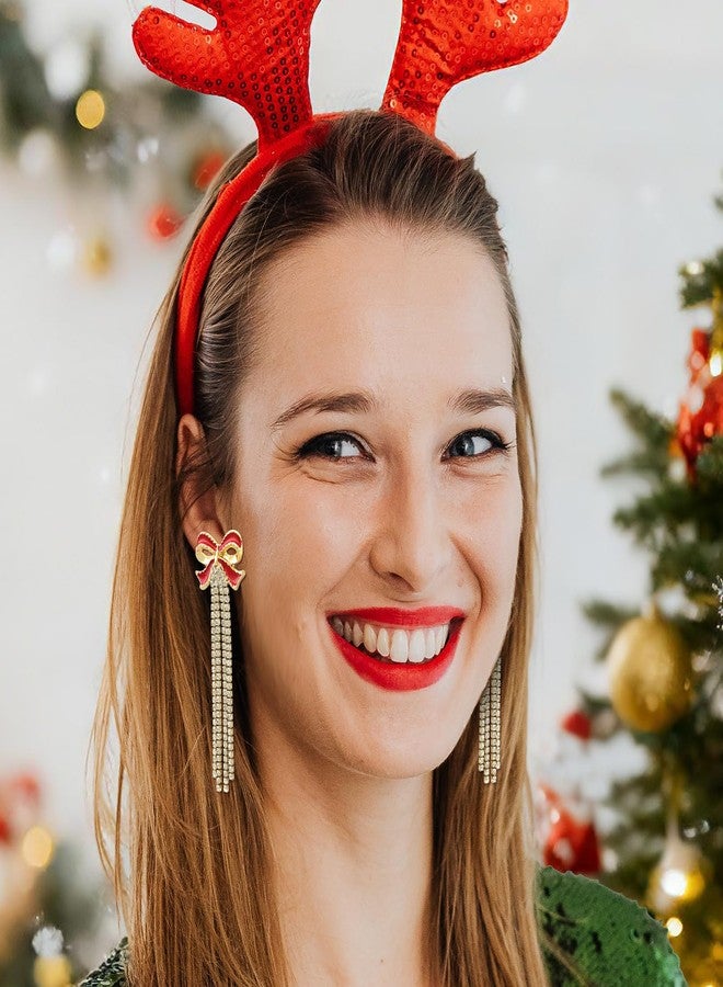 RechicGu Long Tassel Bow Earrings for Women Cute Bowknot with Sparkly Rhinestone Tassels Drop Dangle Earrings Bow Statement Stud Wedding Christmas Party Daily Jewelry Accessory Gifts Golden Red - Image 4