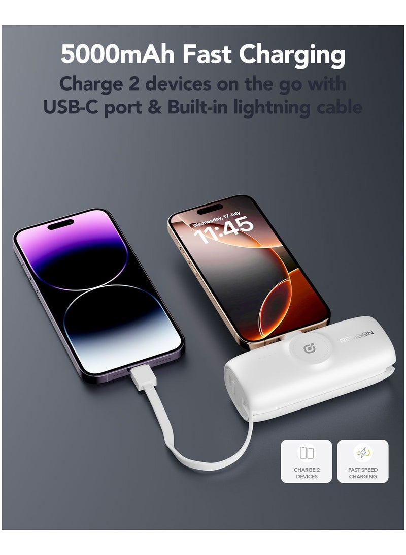 Remson Revo Charge 5000 mAh Nano Power Bank Wireless Charger Dual Charging Type-C Connector with Built-in Lightning Cable - White - Image 3