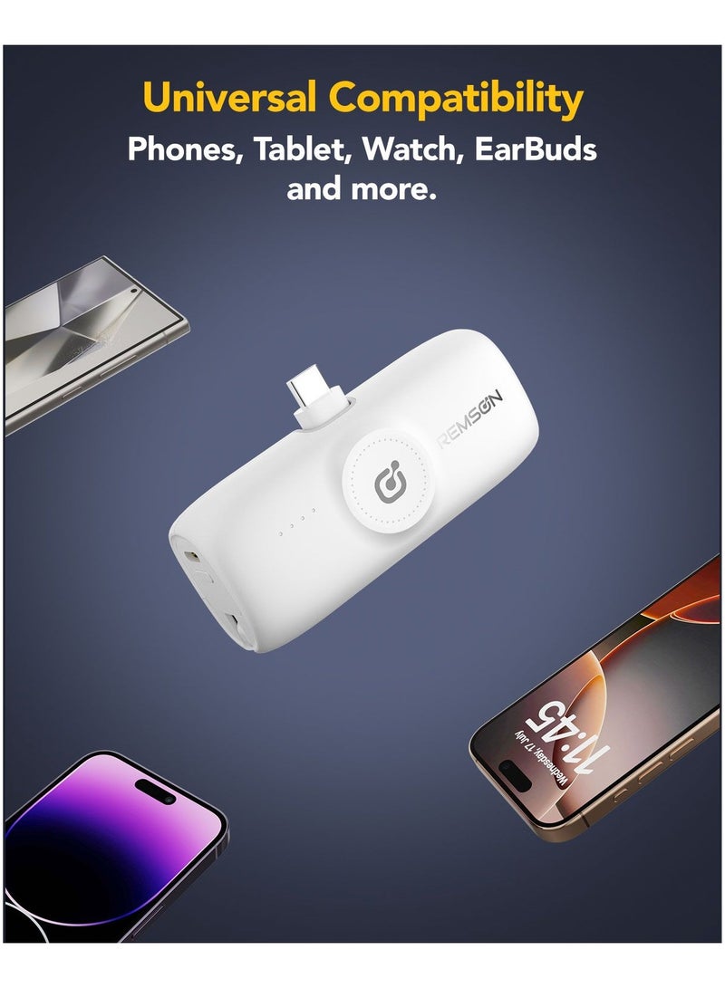 Remson Revo Charge 5000 mAh Nano Power Bank Wireless Charger Dual Charging Type-C Connector with Built-in Lightning Cable - White - Image 4