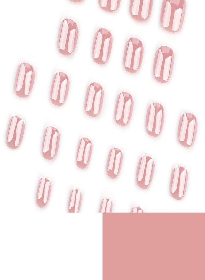 OCOUYVD Chrome French Tip Press on Nails Extra Short Square Shaped Fake Nails Glossy Pink False Nails with Designs Full Cover Acrylic Nails Stick on Nails for Women Nails Manicure Decoration 24 Pcs - Image 2
