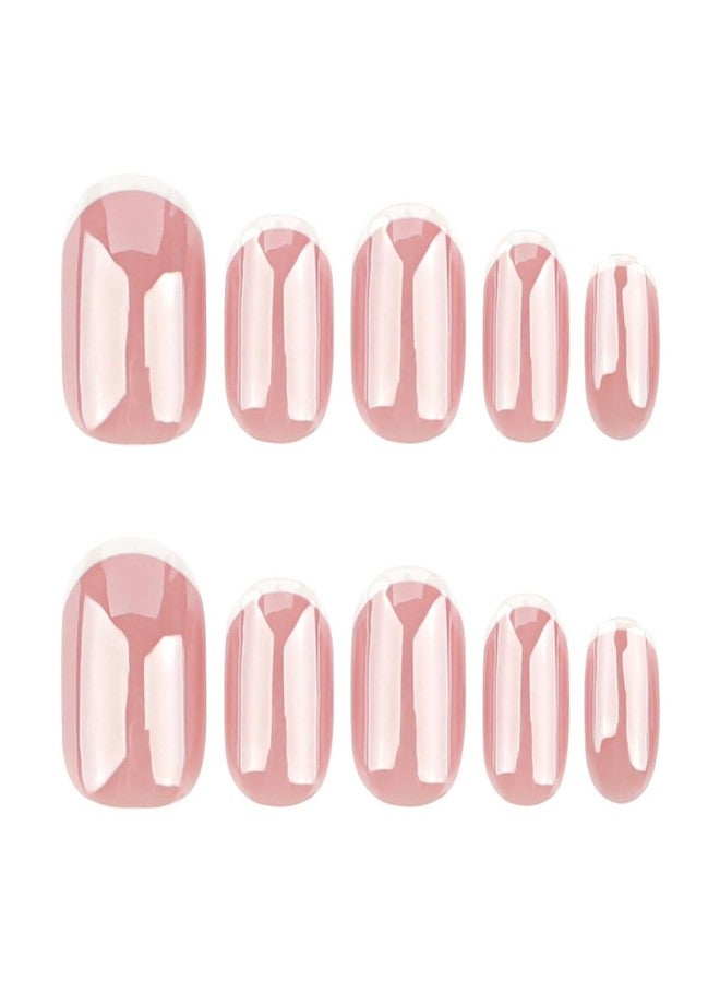 OCOUYVD Chrome French Tip Press on Nails Extra Short Square Shaped Fake Nails Glossy Pink False Nails with Designs Full Cover Acrylic Nails Stick on Nails for Women Nails Manicure Decoration 24 Pcs - Image 5