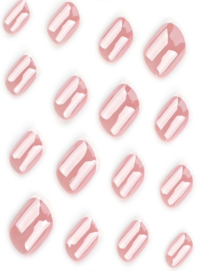 OCOUYVD Chrome French Tip Press on Nails Extra Short Square Shaped Fake Nails Glossy Pink False Nails with Designs Full Cover Acrylic Nails Stick on Nails for Women Nails Manicure Decoration 24 Pcs - Image 3