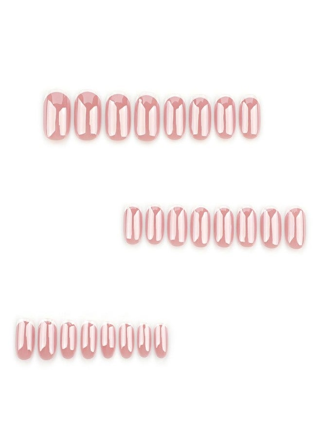 OCOUYVD Chrome French Tip Press on Nails Extra Short Square Shaped Fake Nails Glossy Pink False Nails with Designs Full Cover Acrylic Nails Stick on Nails for Women Nails Manicure Decoration 24 Pcs - Image 4