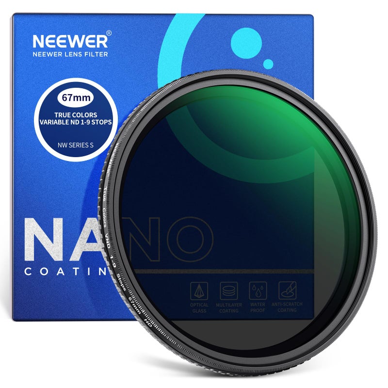 NEEWER 67mm True Color Variable ND2-ND400 Filter, Hard Stops Adjustable Neutral Density VND Filter with Multi Coated HD Optical Glass/Aluminum Frame/Water Repellent/Scratch Resistant - Image 1