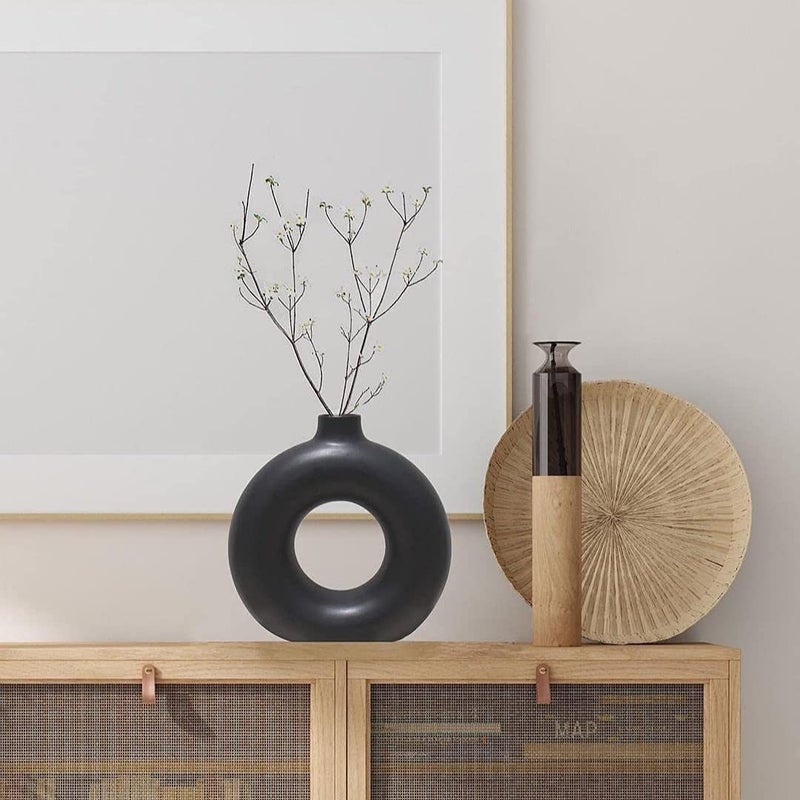 Kreative Homes Kreative Homes Premium Donut Ring Vases Ceramic Round Shaped Flower Pot Ring Shaped vases Handcrafted Flower Vases and Pot for Home Decoration Center Table Decor Ideal Gift Black  - Image 2