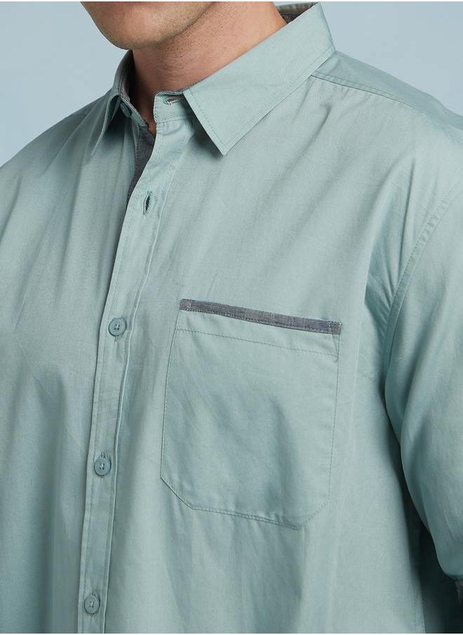 Dennis Lingo - Stylish Sage Green Regular Fit Full Sleeve Shirt for Men, crafted with premium 100% cotton and enhanced with chambray detailing – a wardrobe essential for a polished and relaxed look. - Image 1