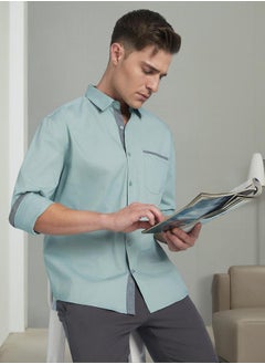 Dennis Lingo Stylish Sage Green Regular Fit Full Sleeve Shirt for Men, crafted with premium 100% cotton and enhanced with chambray detailing – a wardrobe essential for a polished and relaxed look.  - Image 2