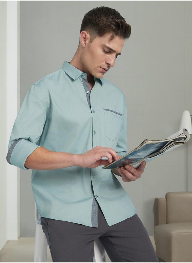 Dennis Lingo - Stylish Sage Green Regular Fit Full Sleeve Shirt for Men, crafted with premium 100% cotton and enhanced with chambray detailing – a wardrobe essential for a polished and relaxed look. - Image 1