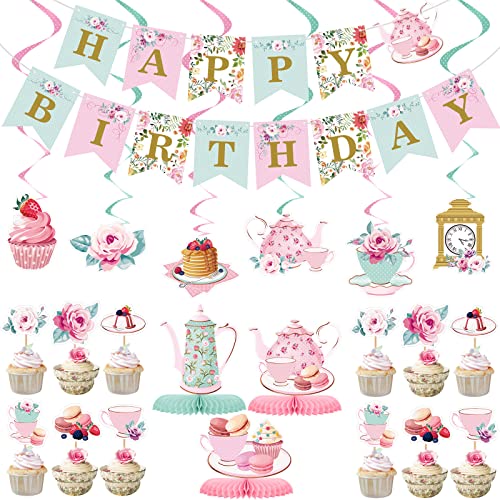 Zonon Floral Tea Party Birthday Decorations - Tea for Two Party Supplies for Little Girls, Spring Summer Flower Hanging Garland & Centerpiece for Baby Shower, Afternoon Theme Celebrations - Image 1