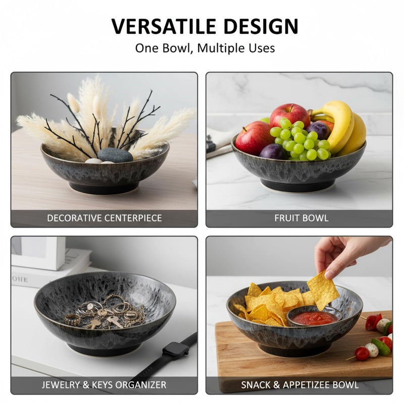 Ronanemon Ceramic Fruit Bowl,10.2" Decorative Bowl, Large Fruit Bowl for Kitchen Counter, Pedestal Bowl, Kitchen Counter DÃ©cor, Bread Candy Snacks Organizer(Black Gray) - Image 4