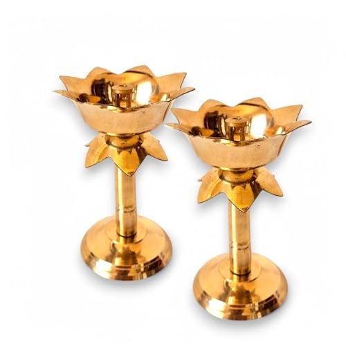 RAISOM Pure Brass Kamal Nanda Diya | Lotus Shape Pillar Diya Stand for Daily Pooja Essential, Gifting & Home Decor | Akhand Oil Diya, Medium Size, Gold, Pack of 2 | Size : 4 Inch, Weight : 100 Grams - Image 1