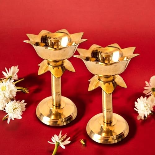 RAISOM Pure Brass Kamal Nanda Diya | Lotus Shape Pillar Diya Stand for Daily Pooja Essential, Gifting & Home Decor | Akhand Oil Diya, Medium Size, Gold, Pack of 2 | Size : 4 Inch, Weight : 100 Grams - Image 2