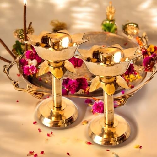 RAISOM Pure Brass Kamal Nanda Diya | Lotus Shape Pillar Diya Stand for Daily Pooja Essential, Gifting & Home Decor | Akhand Oil Diya, Medium Size, Gold, Pack of 2 | Size : 4 Inch, Weight : 100 Grams - Image 4