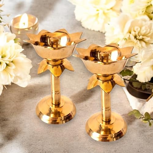 RAISOM Pure Brass Kamal Nanda Diya | Lotus Shape Pillar Diya Stand for Daily Pooja Essential, Gifting & Home Decor | Akhand Oil Diya, Medium Size, Gold, Pack of 2 | Size : 4 Inch, Weight : 100 Grams - Image 3