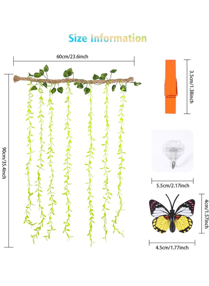 Wall Hanging Photo Display with Artificial Leaves Vines, Macrame Photo Holders, Boho Pictures Organizer for Wall Decoration, with 25 Wood Clips, for Home, Office, Classroom, Party, Wedding - Image 2