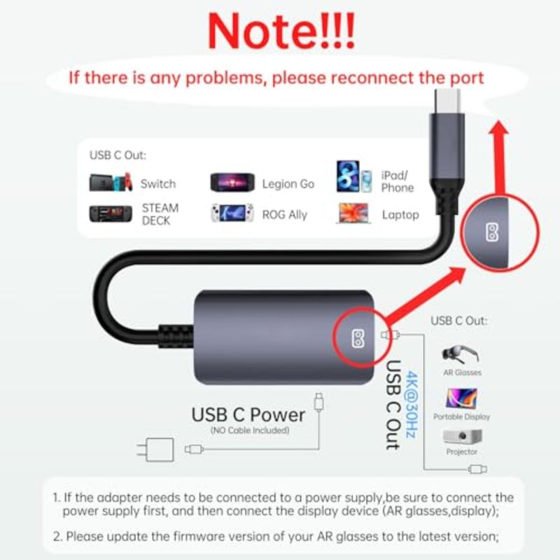 USB-C إلى النظارات ومحول الشحن، محول نظارات AR، الشحن والتشغيل، يتيح ميزات فيديو VR ثلاثية الأبعاد محسنة متعددة الشاشات متوافقة مع iPhone 15/16 Viture/Rokid/Xreal AR Glassses Dual USB C - Image 5
